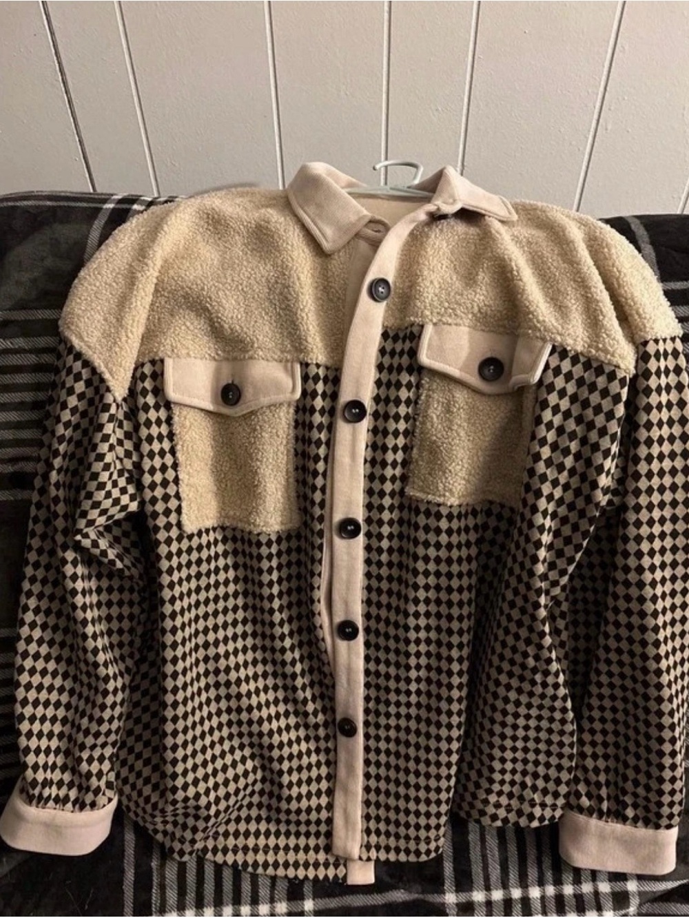 Amazon Women's Two-Tone Check Button-Down Shirt Jacket - Beige/Black
